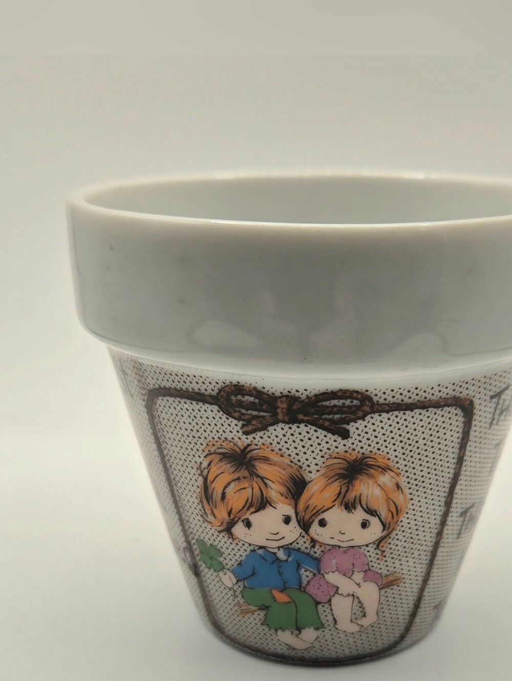 Vintage Mini Ceramic Flower Pot  W/Girl Boy The Luckiest Thing Saying 1970s Love